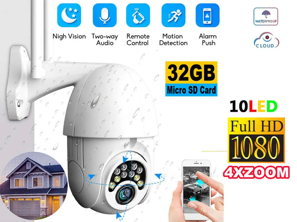 1080P Cloud Storage Wireless PTZ Wireless Camera with 32GB Adata Micro SD Card