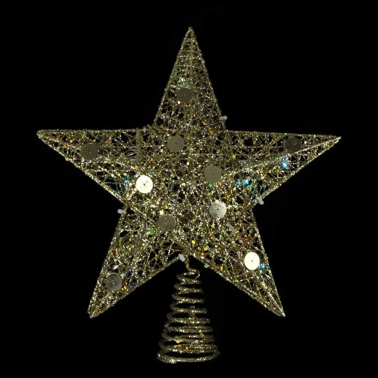 11.5" Gold Glittered Star Pre-Lit Christmas Tree Topper with Multi-Color Lights