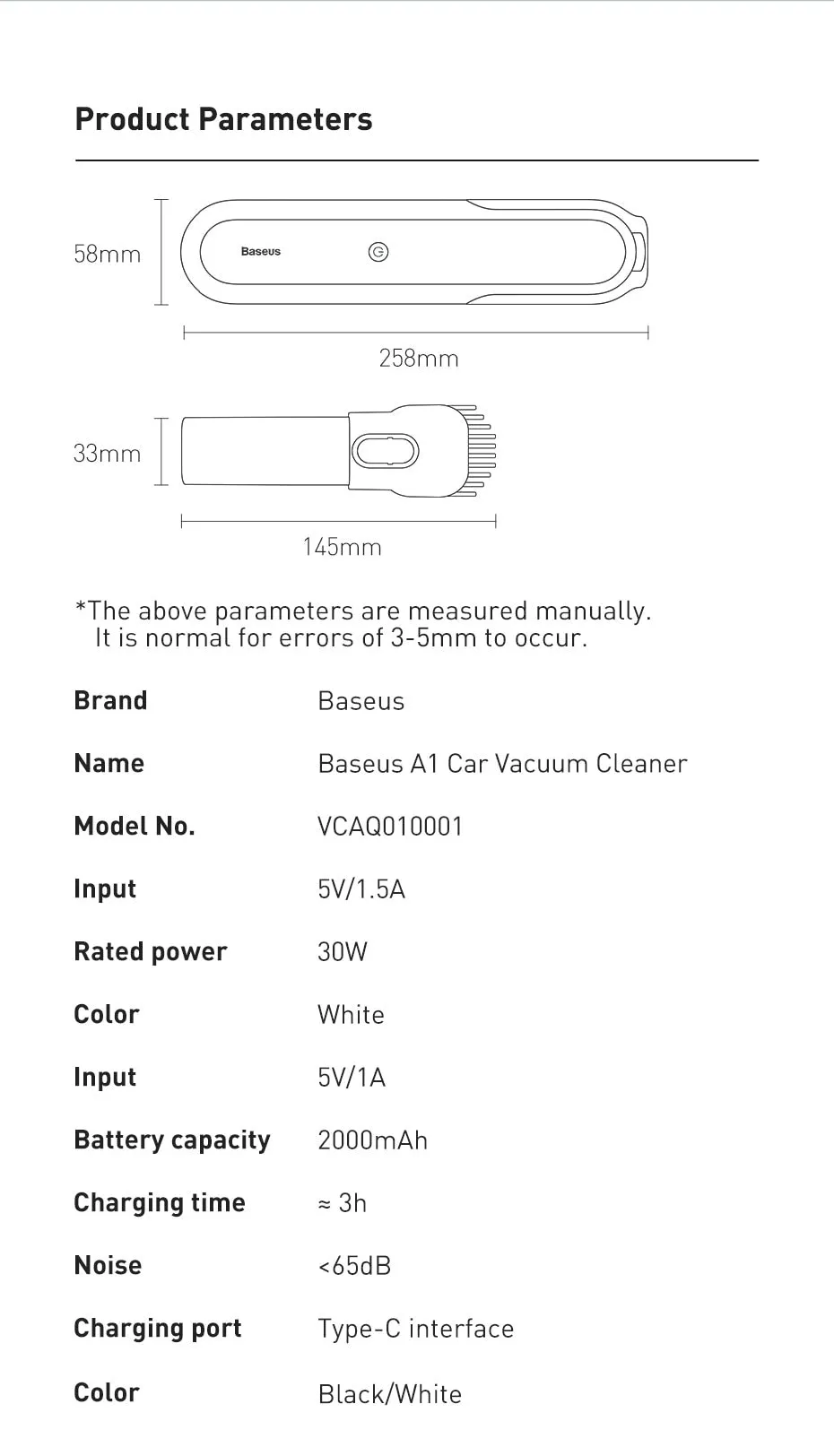 Baseus A1 Portable Wireless Vacuum Cleaner For Car or Home