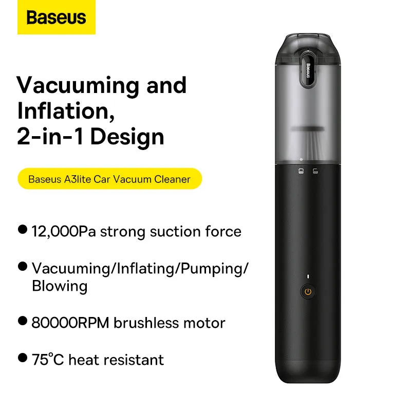 Baseus A3 Lite Portable Cordless 3 in 1 Vacuum Cleaner Blower Inflator for Car Home Office Use 12,000 Pa High Pressure Suction Power