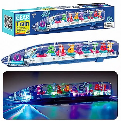 Cable World® Transparent 3D Train Toy 360 Degree Rotation, Gear Simulation Mechanical Train Sound and Light Toy for 2-5 Years Boys and Girls