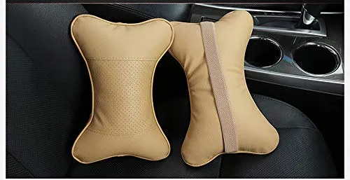 Car Neck Pillows Both Side Pu Leather 2pieces Pack Headrest Fit for Most Cars Filled Fiber Universal Car Pillow (Beige)