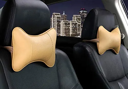 Car Neck Pillows Both Side Pu Leather 2pieces Pack Headrest Fit for Most Cars Filled Fiber Universal Car Pillow (Beige)