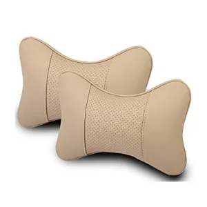 Car Neck Pillows Both Side Pu Leather 2pieces Pack Headrest Fit for Most Cars Filled Fiber Universal Car Pillow (Beige)