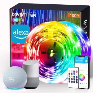 DAYBETTER Smart WiFi Led Lights 100ft - Led Strip Lights Work with Alexa and Google Assistant RGB Strip Lighting Music Sync Color Changing with App Voice Remote Control for Room Bedroom Decor 50ft*2