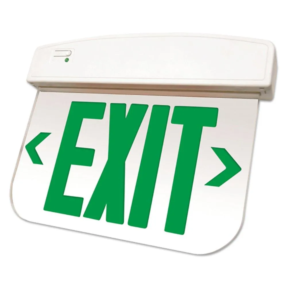 Edge-Lit LED Exit Sign, Single Face with Green Letters, Clear Panel Finish, Battery Backup Included