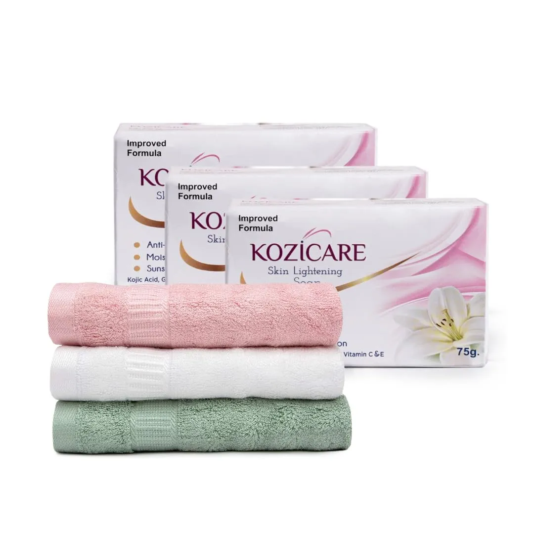 Kozicare Skin Lightening Soap (pack of 3) and Microfiber Bath Towel Set for Daily Skincare | Soap combo pack offer | Bathroom accessories | bath towel and soaps for men and women (bamboo)