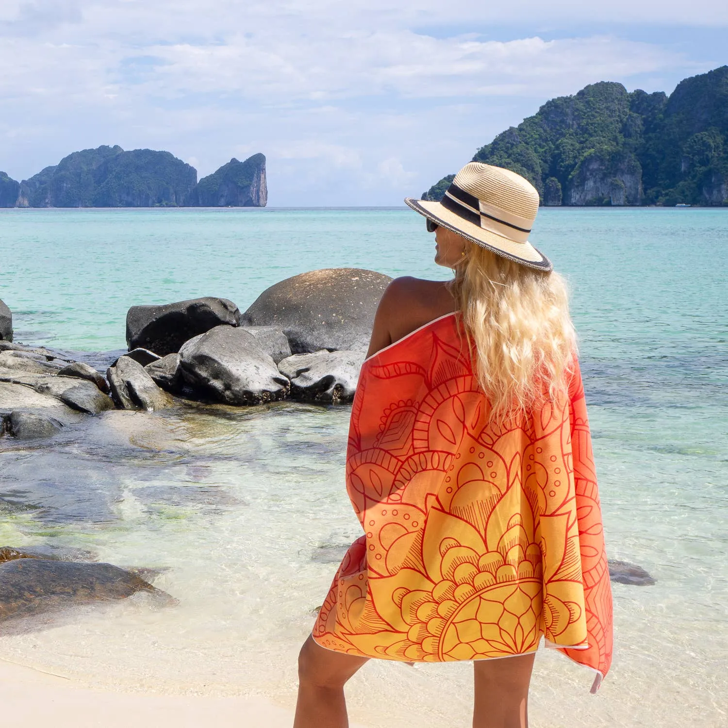 Large Orange Mandala Towel in Travel Bag | Sand-Free Microfiber Beach Towel 30" x 70" with Mesh Bag