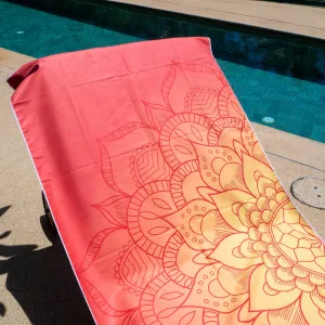 Large Orange Mandala Towel in Travel Bag | Sand-Free Microfiber Beach Towel 30" x 70" with Mesh Bag