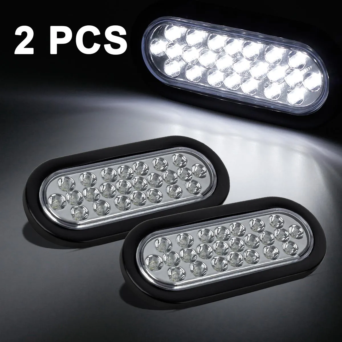 Partsam 2x Oval Clear Lens White Stop Turn Tail Backup Reverse Fog Lights Lamps Rubber Flush Mount 6inch 24 LED for Truck Trailer Boat RV Waterproof