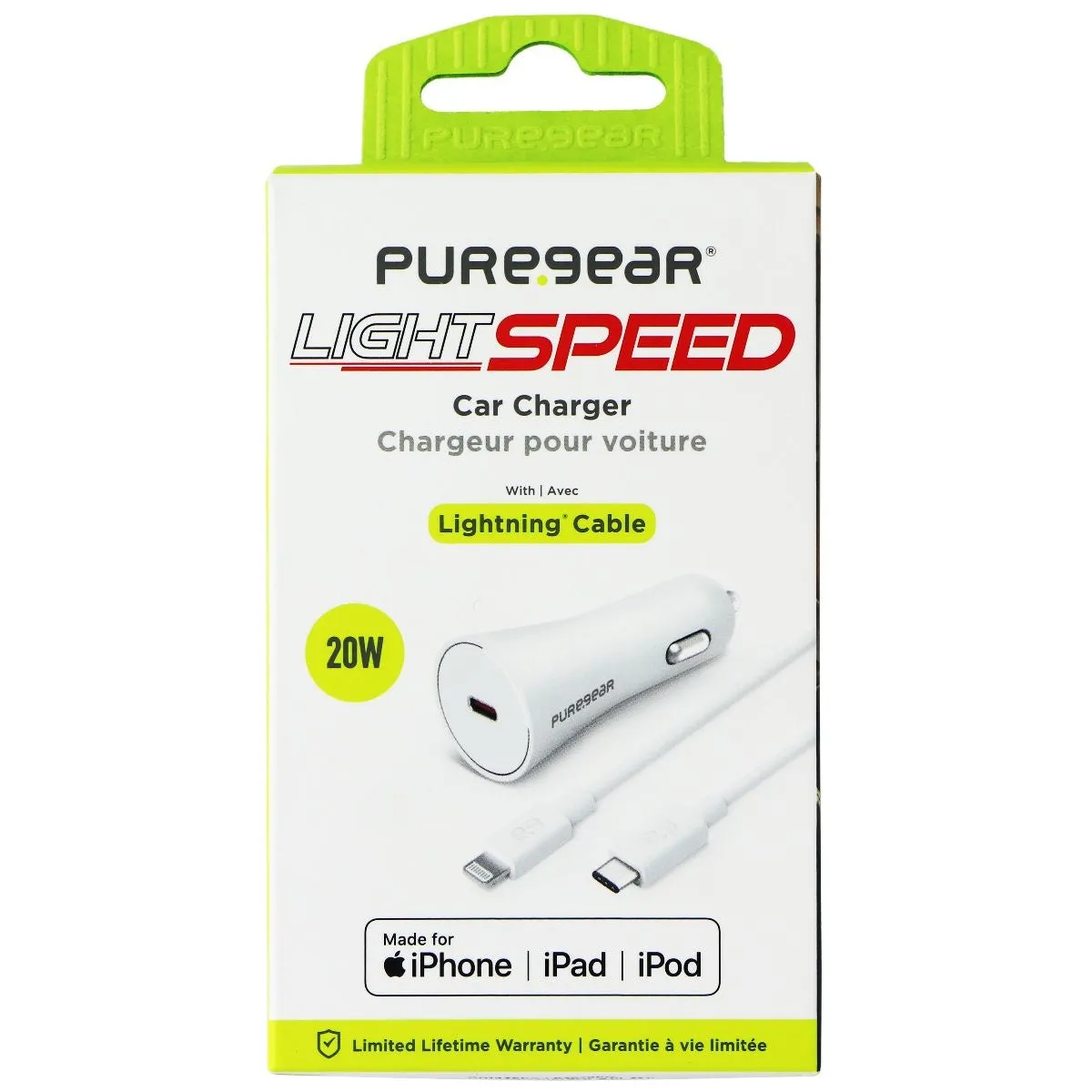 PureGear LightSpeed 20W Lightning 8-Pin to USB-C Car Charger - White