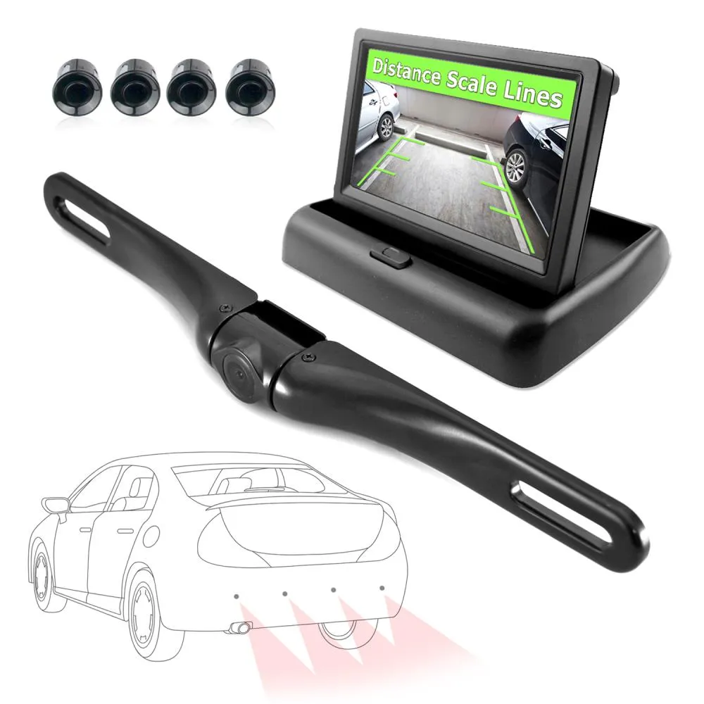 Rearview Backup Camera & Monitor Driving Assist System, Parking / Reverse Speaker Alarm Depth Sensor, Waterproof Night Vision Angle Adjustable Cam, 4.3'' Lcd Display