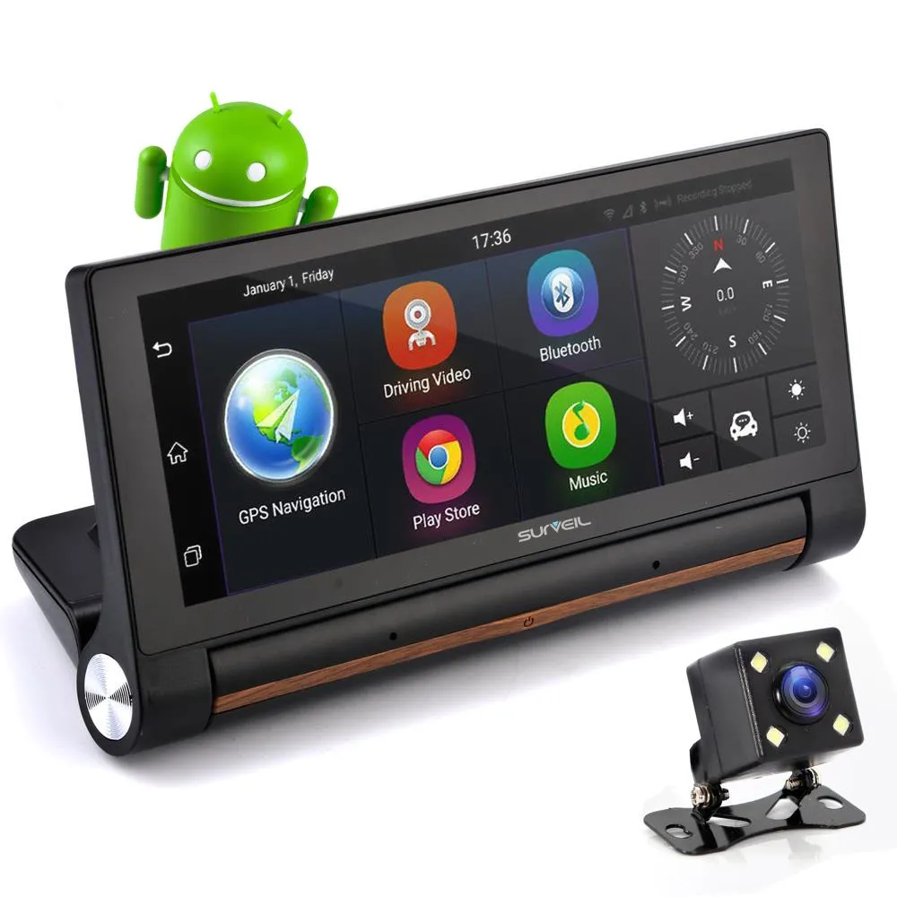 Touchscreen Android Dvr Dashcam With Dual Built-In Cameras, Gps Navigation, Wi-Fi, Bluetooth Wireless, 7'' Display Screen