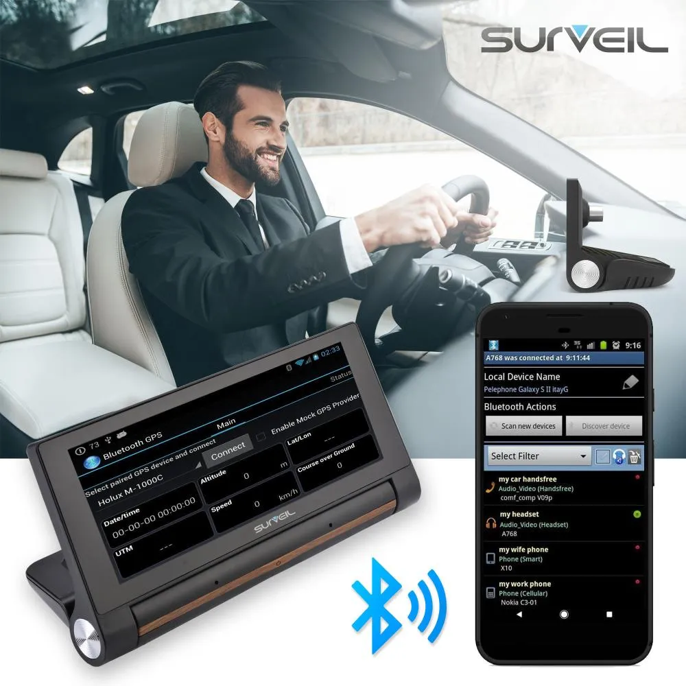 Touchscreen Android Dvr Dashcam With Dual Built-In Cameras, Gps Navigation, Wi-Fi, Bluetooth Wireless, 7'' Display Screen