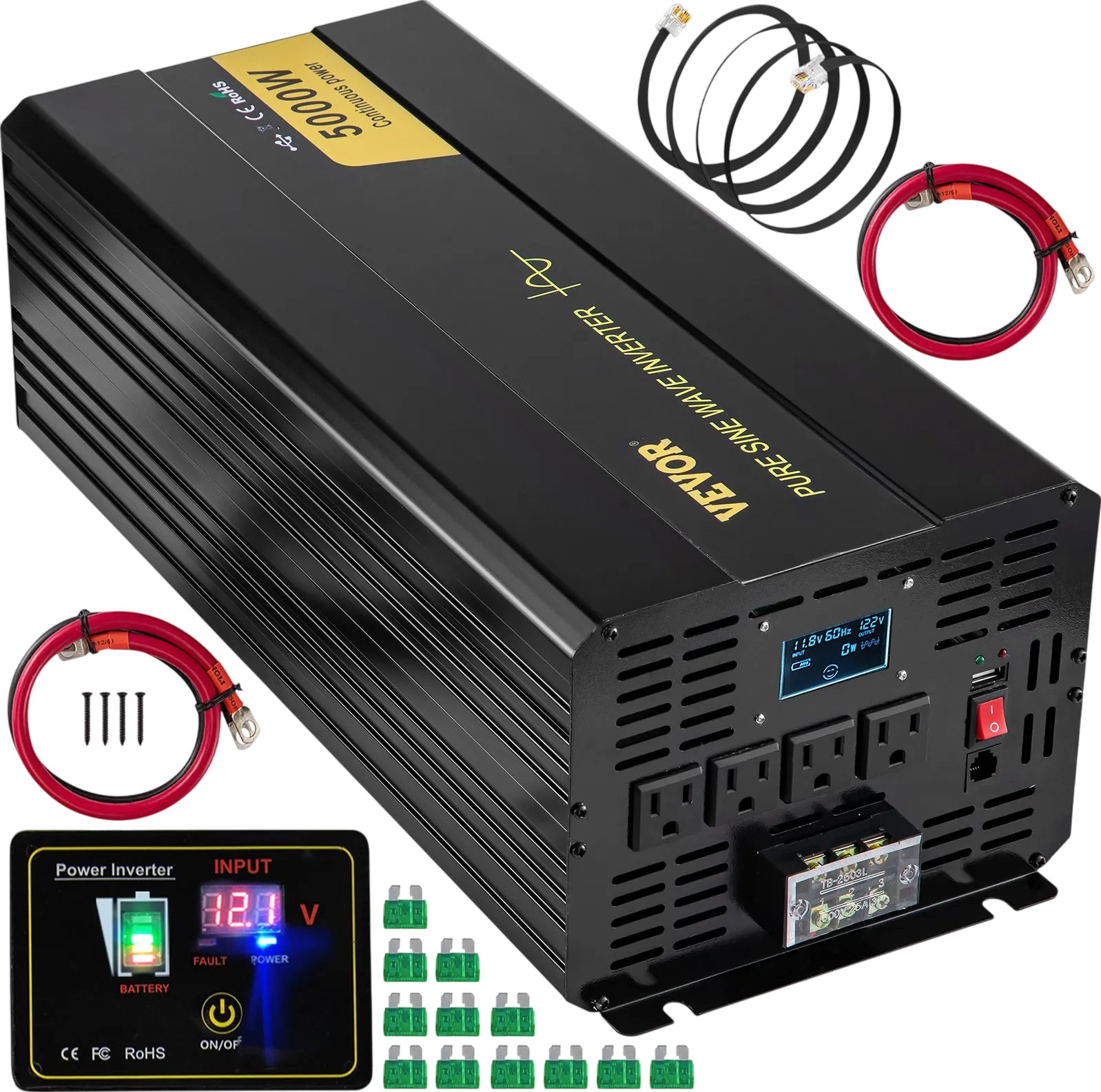 Vevor Pure Sine Wave Inverter 5000W DC 12V to AC 120V with LCD Display and Remote Controller New